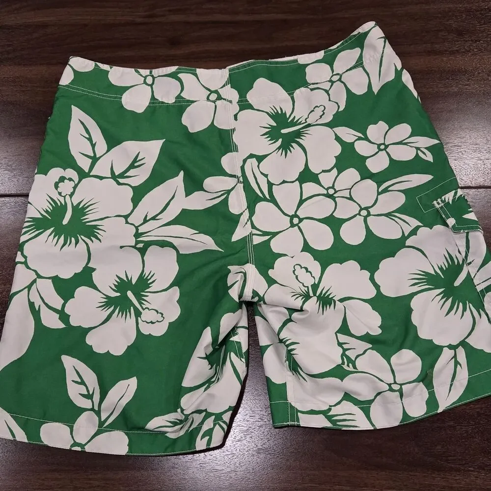 Old Navy Mens L Board Shorts Green White Floral Hawaiian Print Drawstring Swim